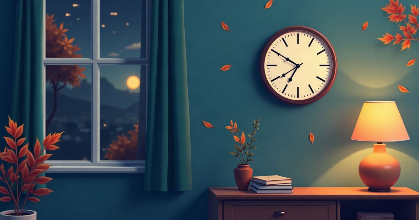 Wanduhr, Herbstlaub und Lampe – Zeitumstellung auf Winterzeit